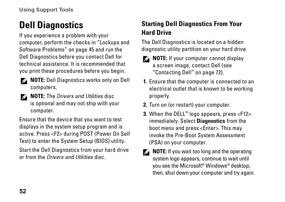 Dell P07G setup guide Starting Dell Diagnostics From Your Hard Drive 