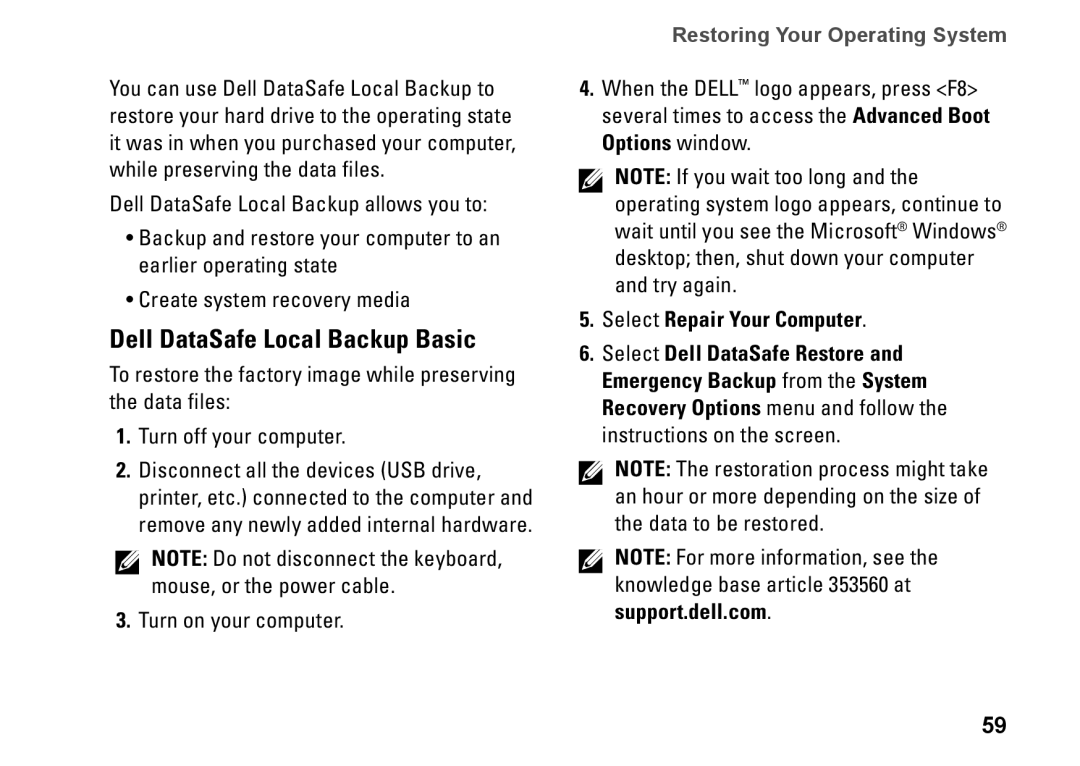 Dell P07G setup guide Dell DataSafe Local Backup Basic, Select Repair Your Computer 