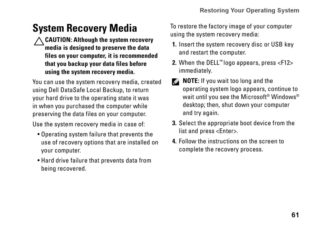 Dell P07G setup guide System Recovery Media 