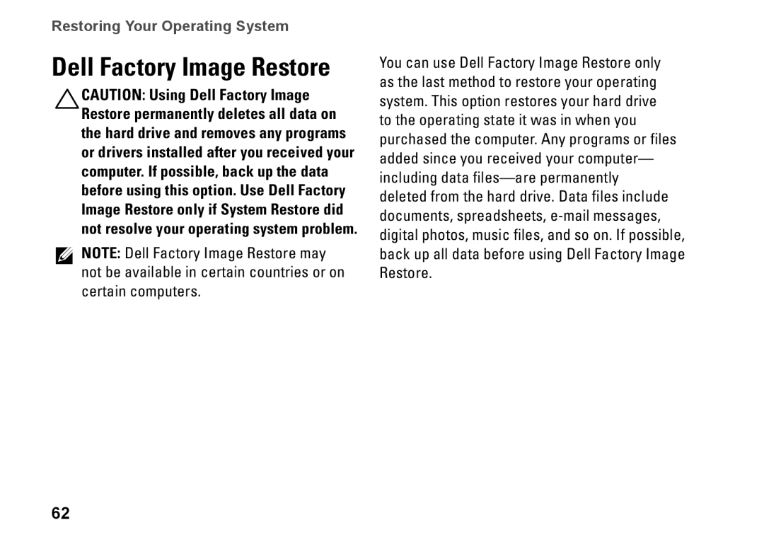 Dell P07G setup guide Dell Factory Image Restore 