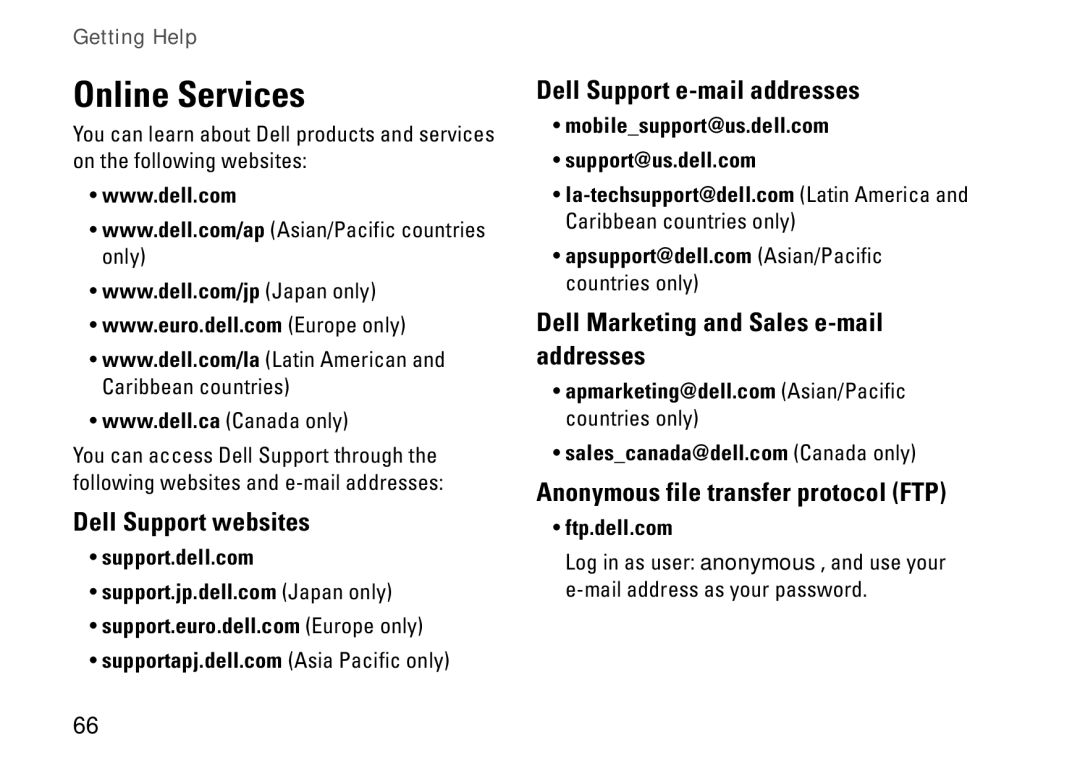 Dell P07G setup guide Online Services, Dell Support websites, Dell Support e-mail addresses 