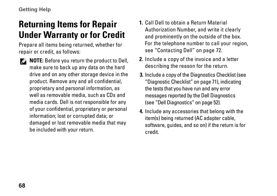 Dell P07G setup guide Returning Items for Repair Under Warranty or for Credit 