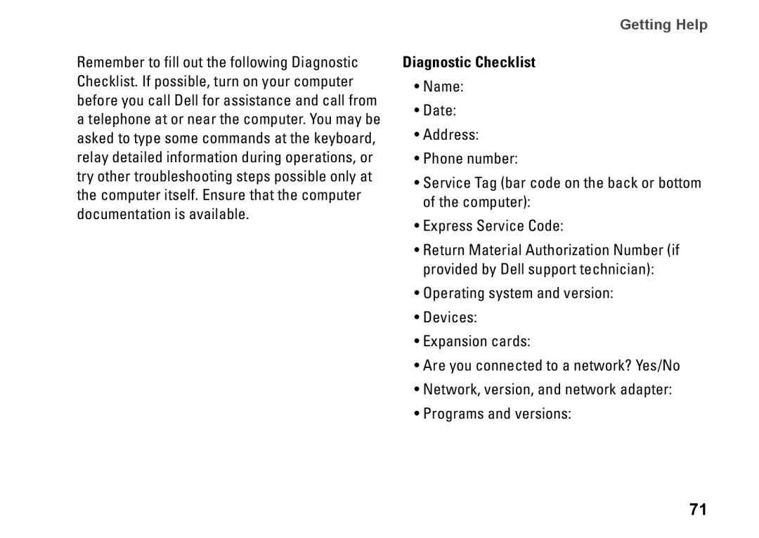 Dell P07G setup guide Diagnostic Checklist 