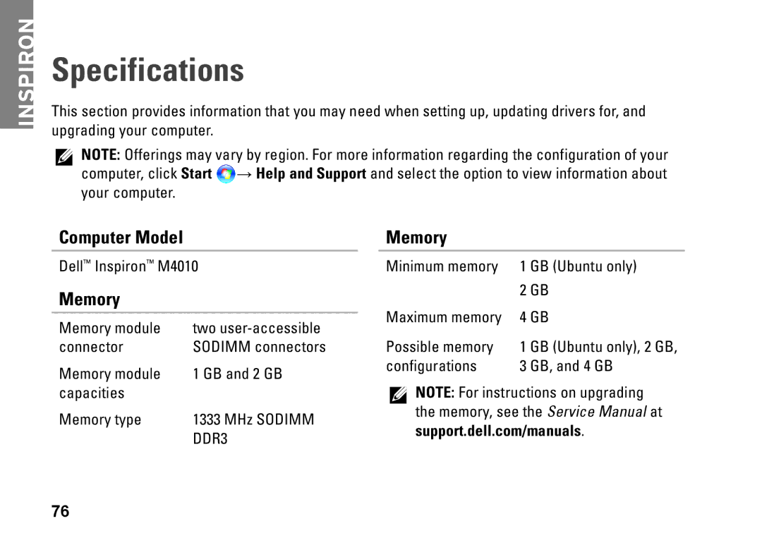 Dell P07G setup guide Specifications, Computer Model, Memory 