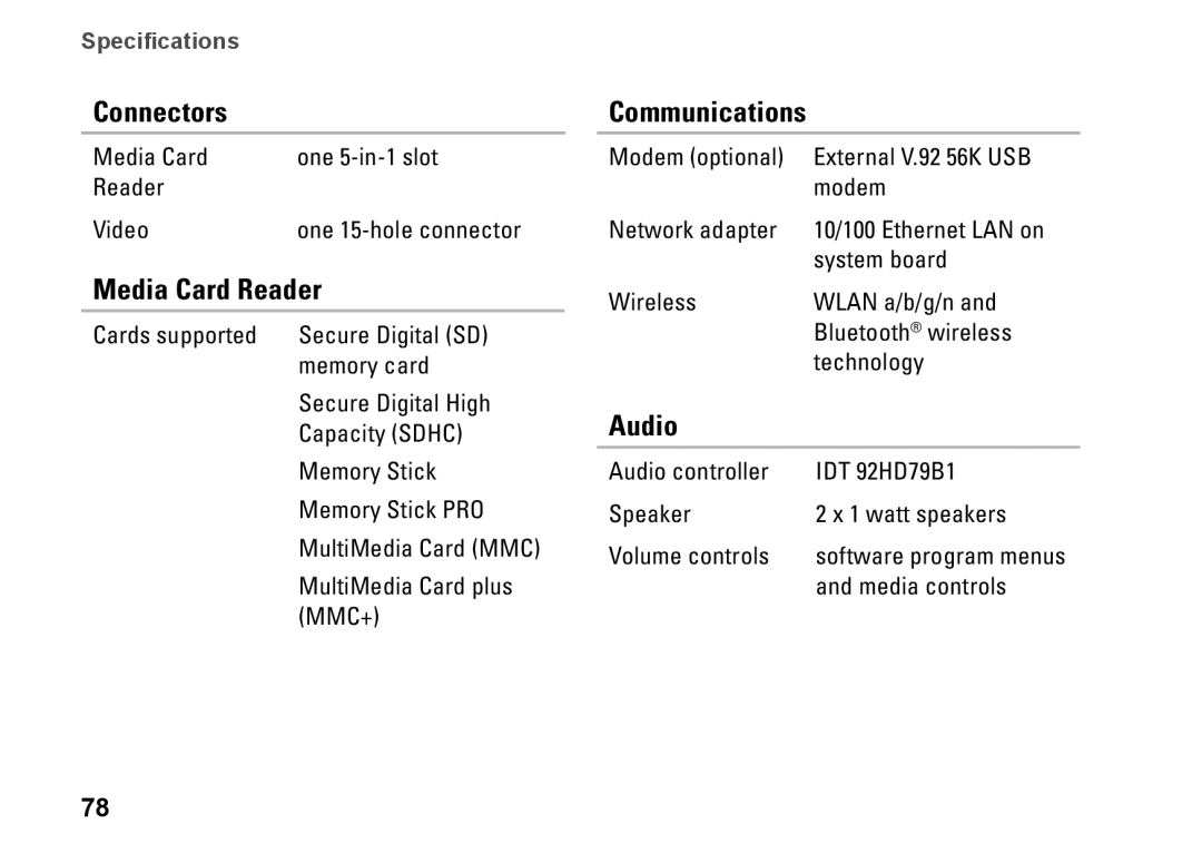 Dell P07G setup guide Media Card Reader, Communications, Audio 