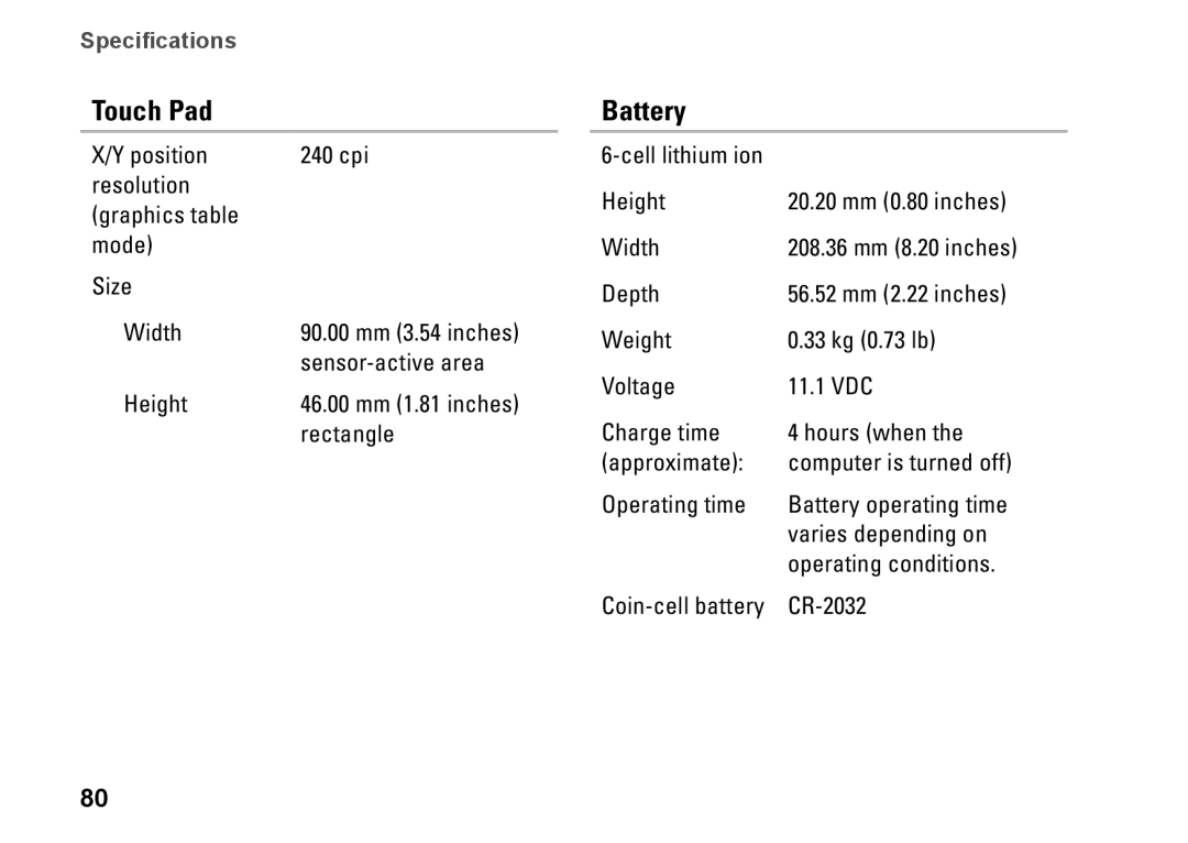 Dell P07G setup guide Touch Pad, Battery 