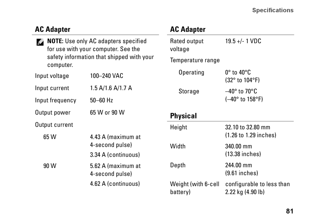 Dell P07G setup guide AC Adapter, Physical 