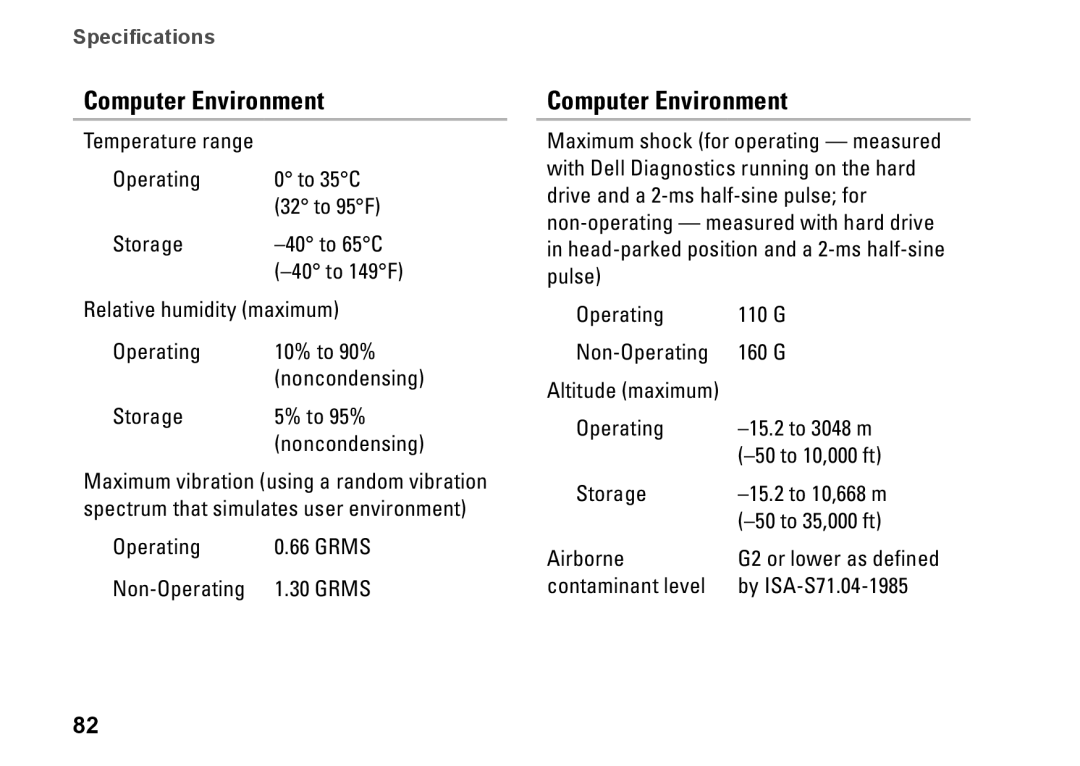 Dell P07G setup guide Computer Environment, Storage To 95% 