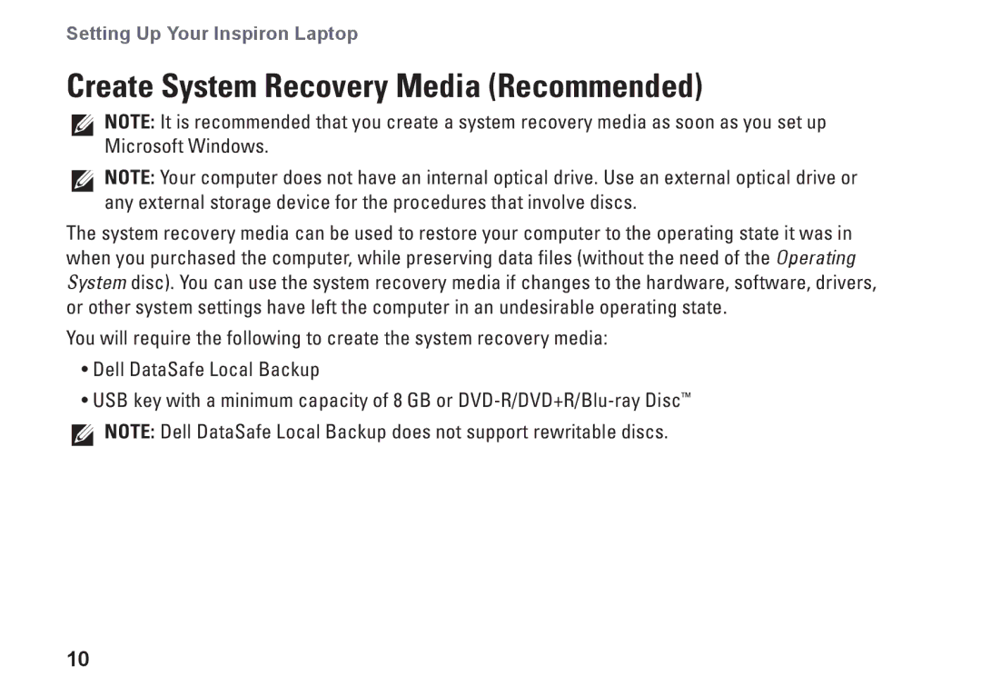 Dell P07T setup guide Create System Recovery Media Recommended 