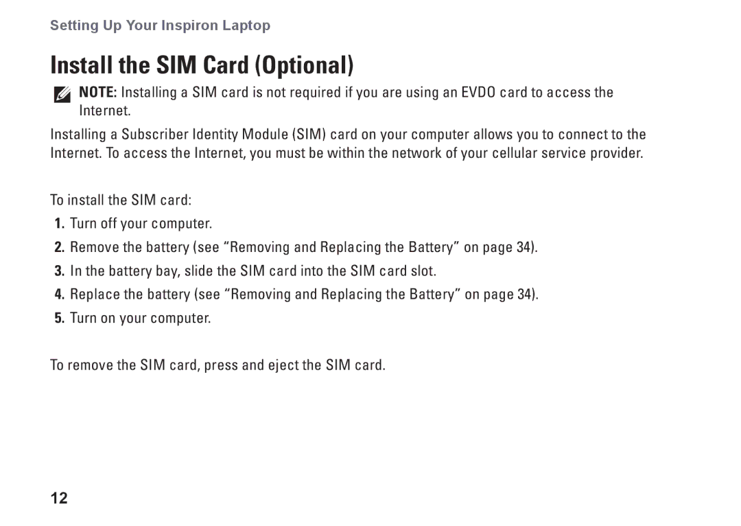 Dell P07T setup guide Install the SIM Card Optional 