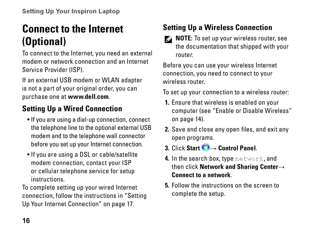 Dell P07T setup guide Connect to the Internet Optional, Setting Up a Wired Connection, Setting Up a Wireless Connection 