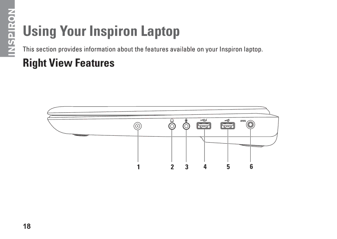 Dell P07T setup guide Using Your Inspiron Laptop, Right View Features 