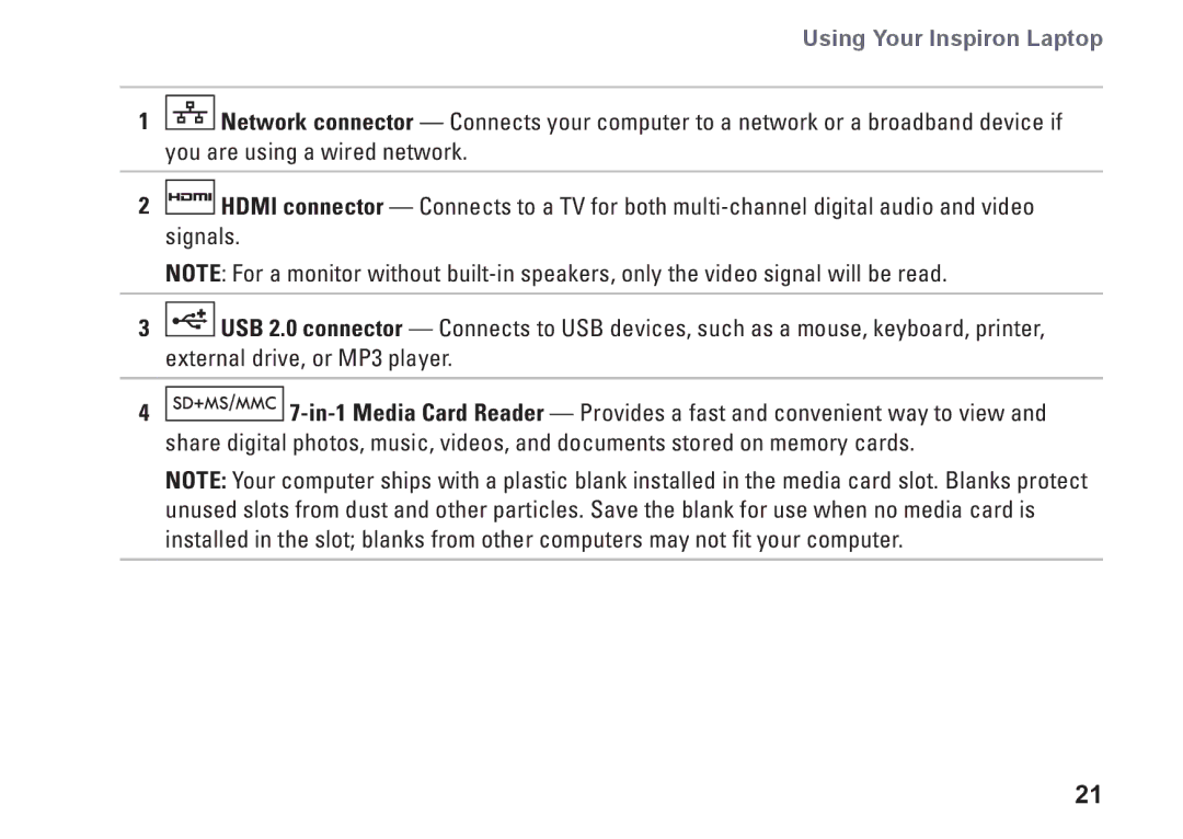 Dell P07T setup guide Using Your Inspiron Laptop 