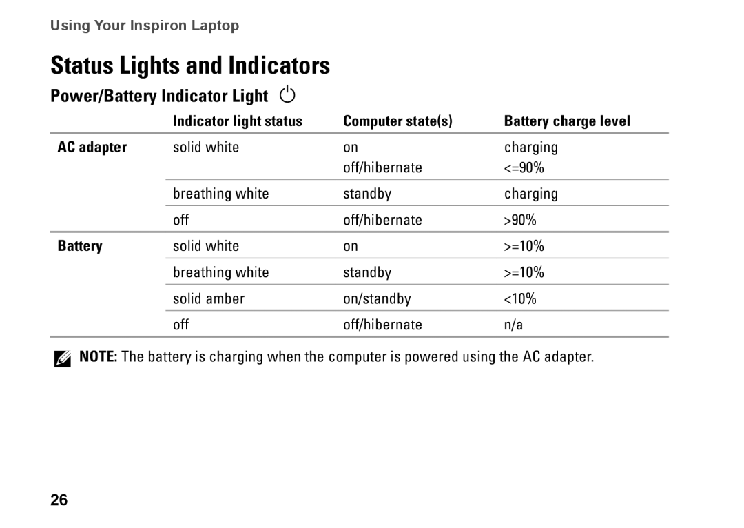 Dell P07T setup guide Status Lights and Indicators, Power/Battery Indicator Light 