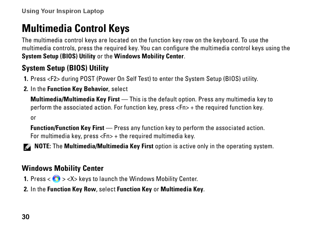 Dell P07T Multimedia Control Keys, System Setup Bios Utility, Windows Mobility Center, Function Key Behavior, select 