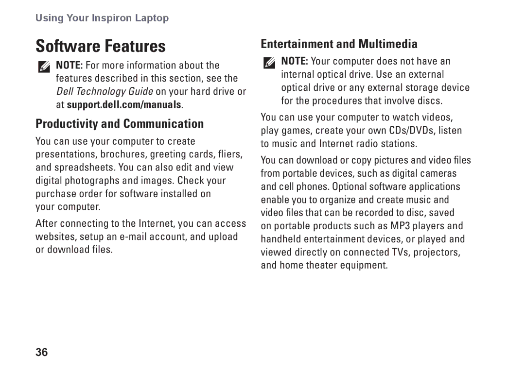 Dell P07T setup guide Software Features, Productivity and Communication, Entertainment and Multimedia 