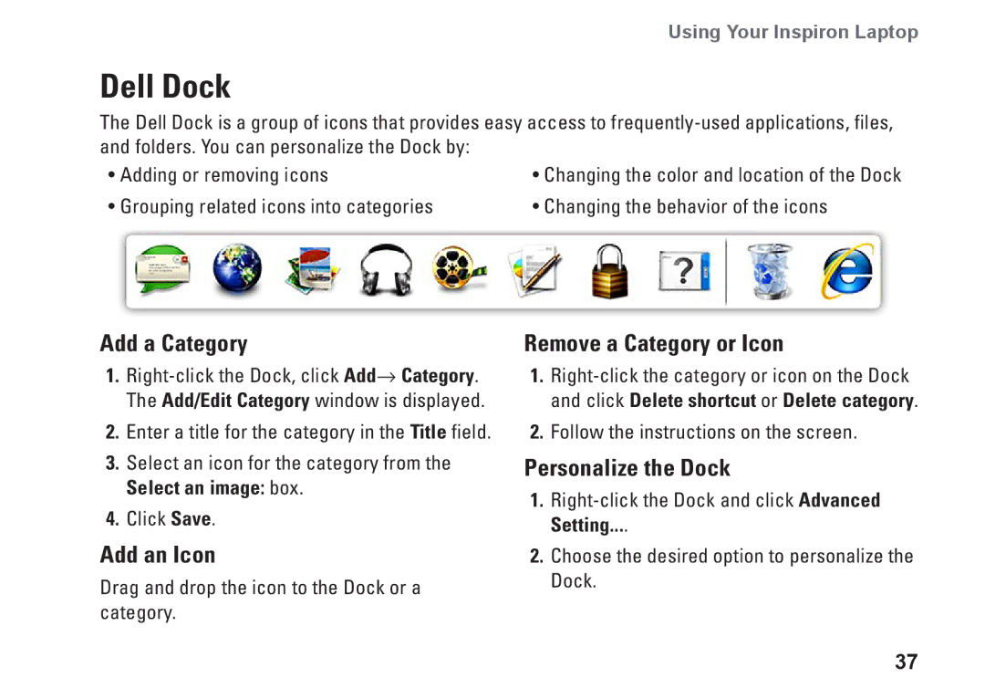 Dell P07T setup guide Dell Dock, Add a Category, Add an Icon, Remove a Category or Icon, Personalize the Dock 