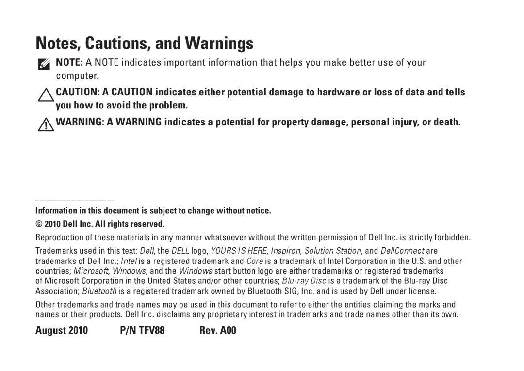 Dell P07T setup guide August 2010 P/N TFV88 Rev. A00 