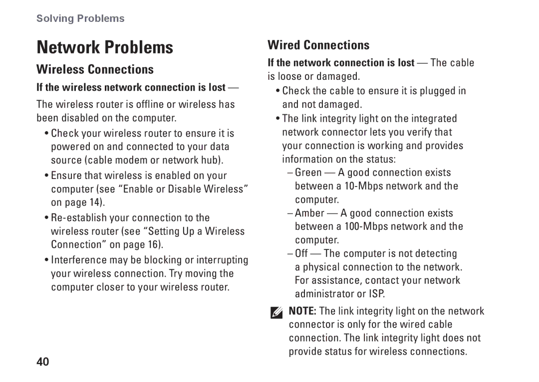 Dell P07T setup guide Network Problems, Wireless Connections, Wired Connections 