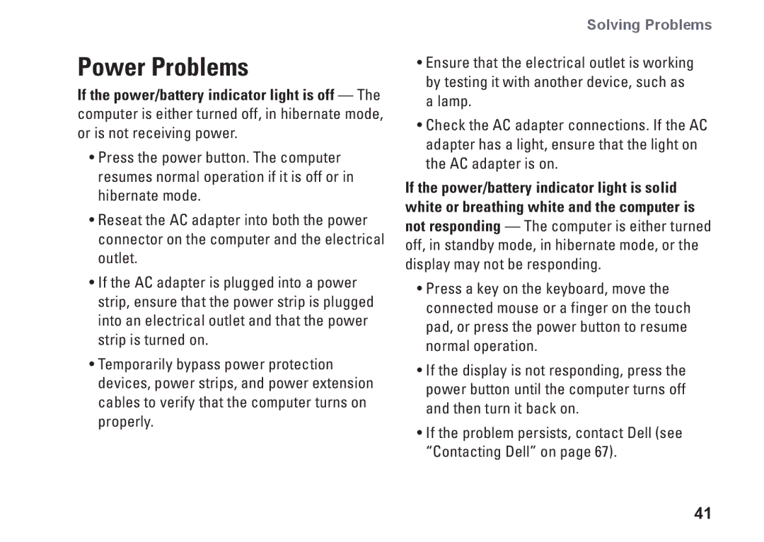 Dell P07T setup guide Power Problems 