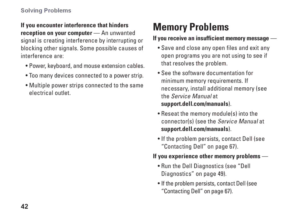 Dell P07T Memory Problems, If you receive an insufficient memory message, If you experience other memory problems 