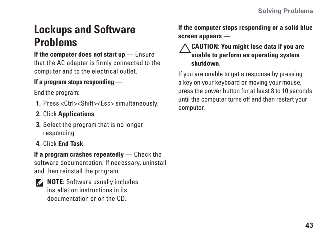 Dell P07T setup guide If a program stops responding, Click Applications, Click End Task 