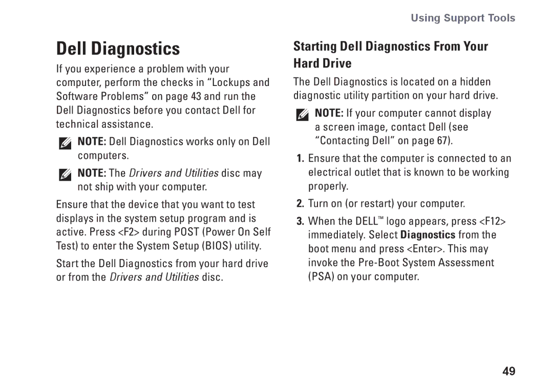 Dell P07T setup guide Starting Dell Diagnostics From Your Hard Drive 