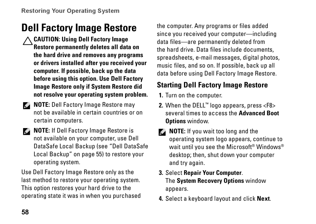 Dell P07T setup guide Starting Dell Factory Image Restore 