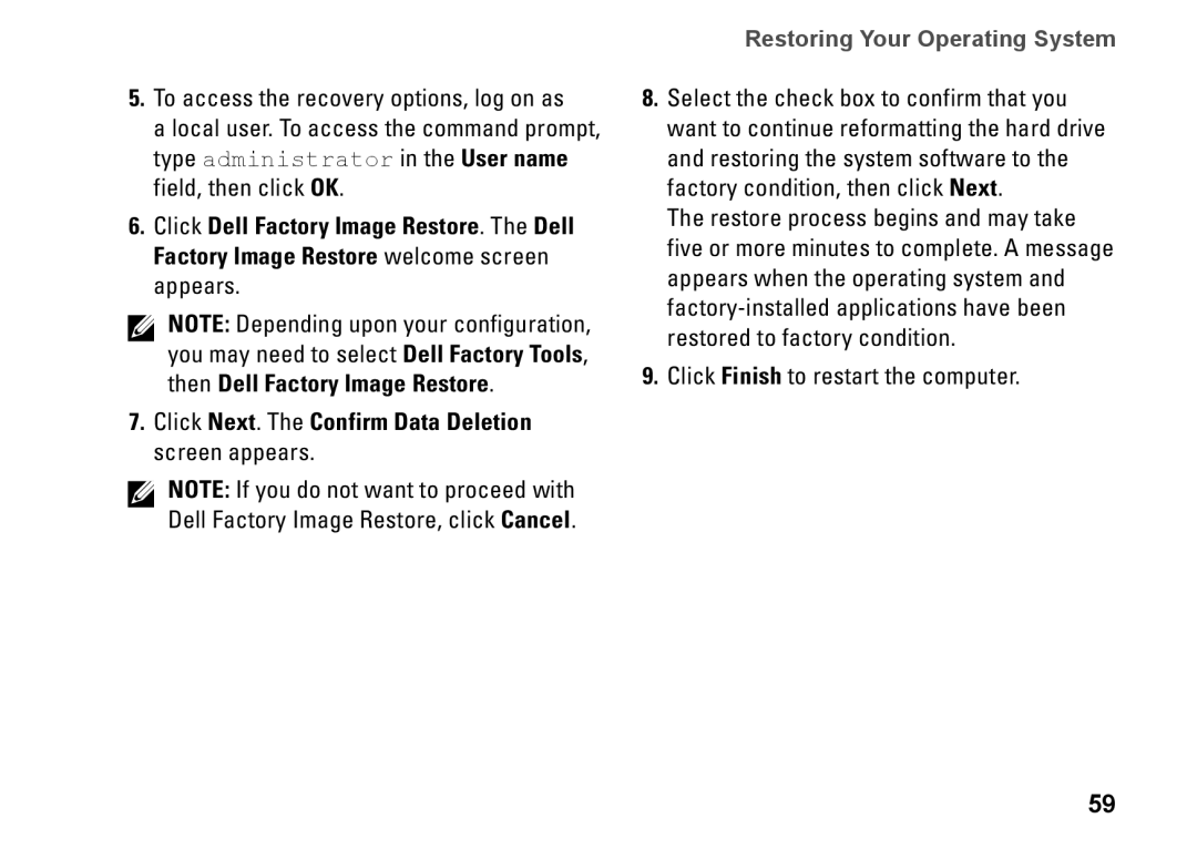 Dell P07T setup guide Restoring Your Operating System 