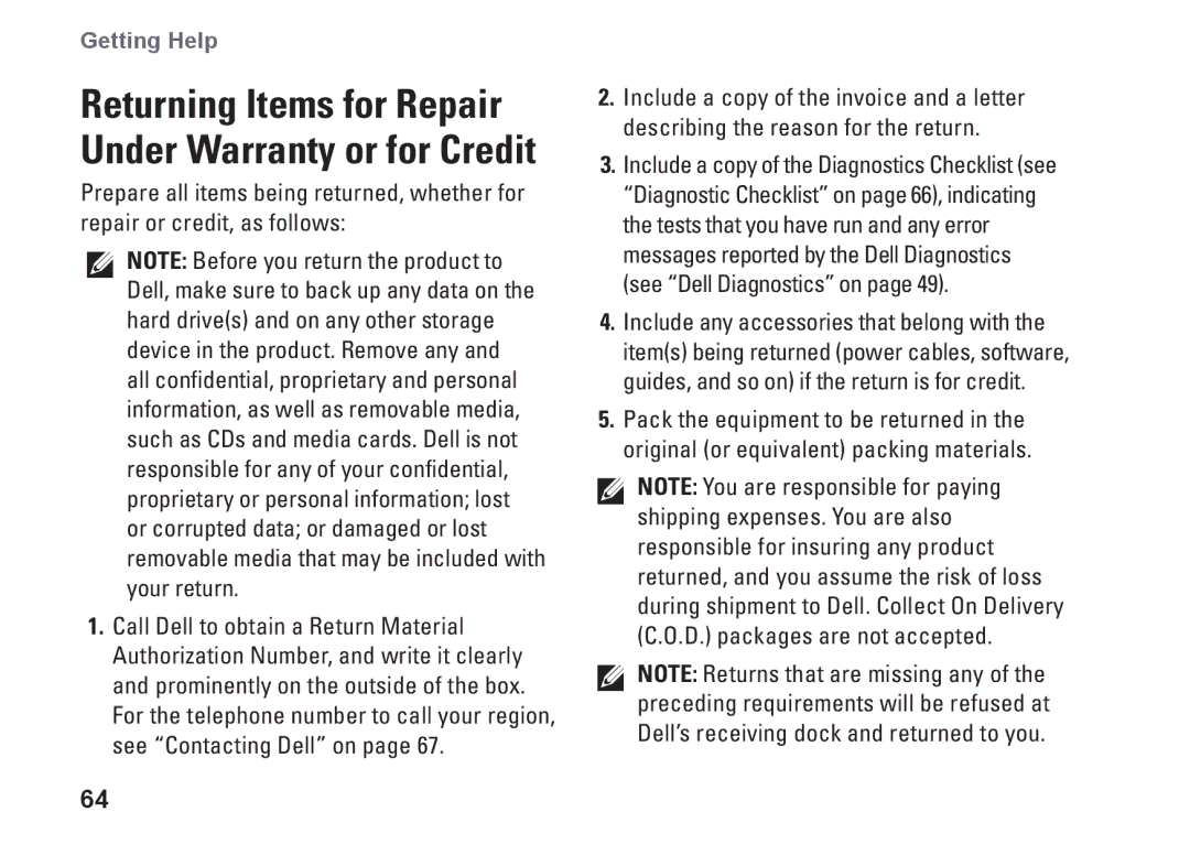 Dell P07T setup guide Returning Items for Repair Under Warranty or for Credit 