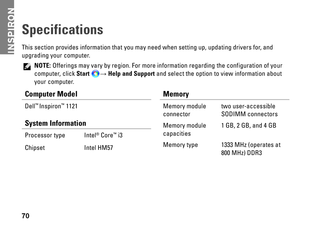 Dell P07T setup guide Specifications, Memory, System Information 