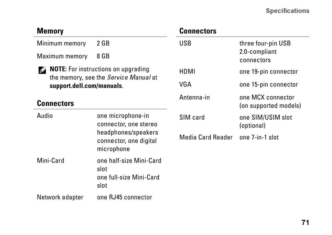 Dell P07T setup guide Connectors, Vga 