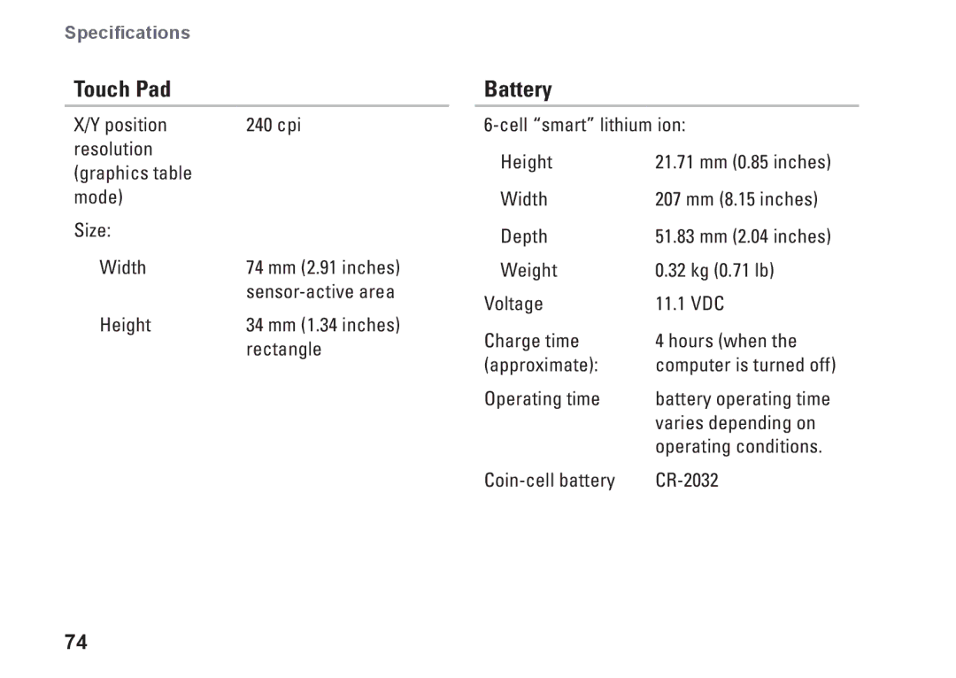 Dell P07T setup guide Touch Pad, Battery 