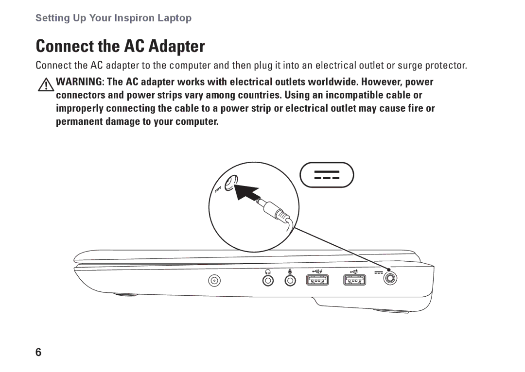 Dell P07T setup guide Connect the AC Adapter 