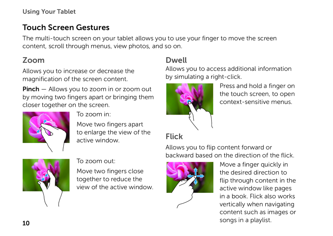 Dell P08T001 manual Touch Screen Gestures, Zoom 