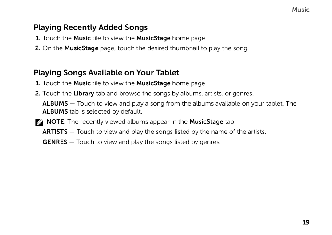 Dell P08T001 manual Playing Recently Added Songs, Playing Songs Available on Your Tablet 