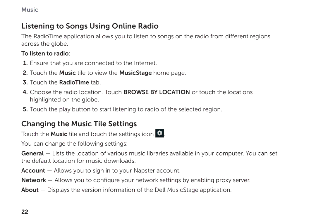 Dell P08T001 manual Listening to Songs Using Online Radio, Changing the Music Tile Settings 