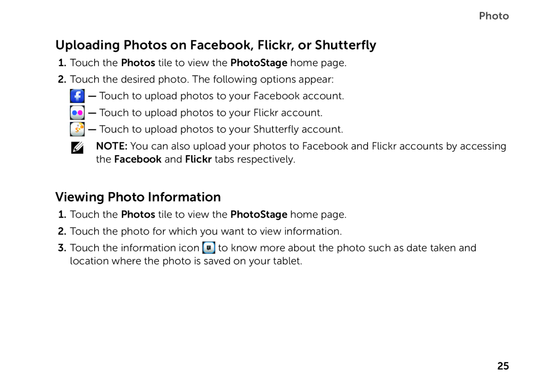 Dell P08T001 manual Uploading Photos on Facebook, Flickr, or Shutterfly, Viewing Photo Information 