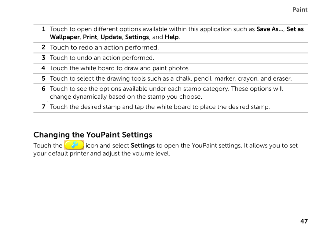 Dell P08T001 manual Changing the YouPaint Settings 