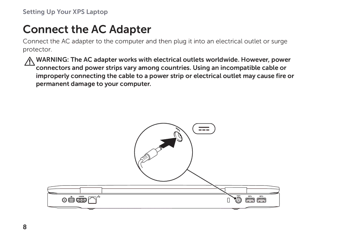 Dell P09E setup guide Connect the AC Adapter 