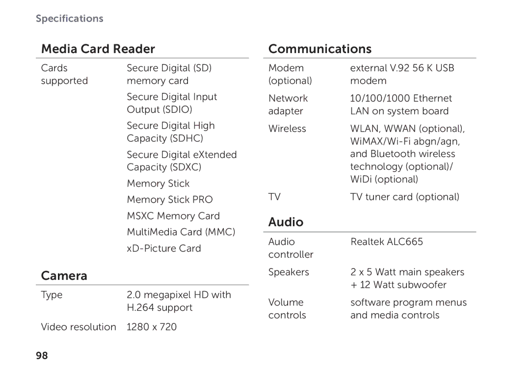 Dell P09E setup guide Media Card Reader, Camera, Communications, Audio 