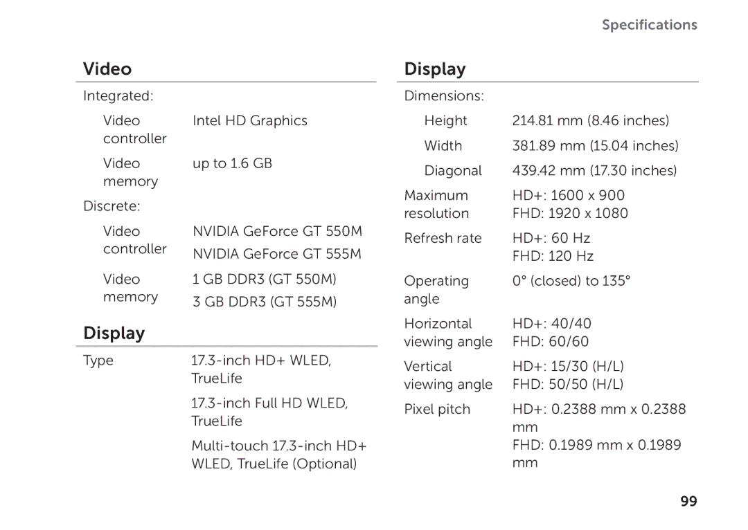 Dell P09E setup guide Video, Display 