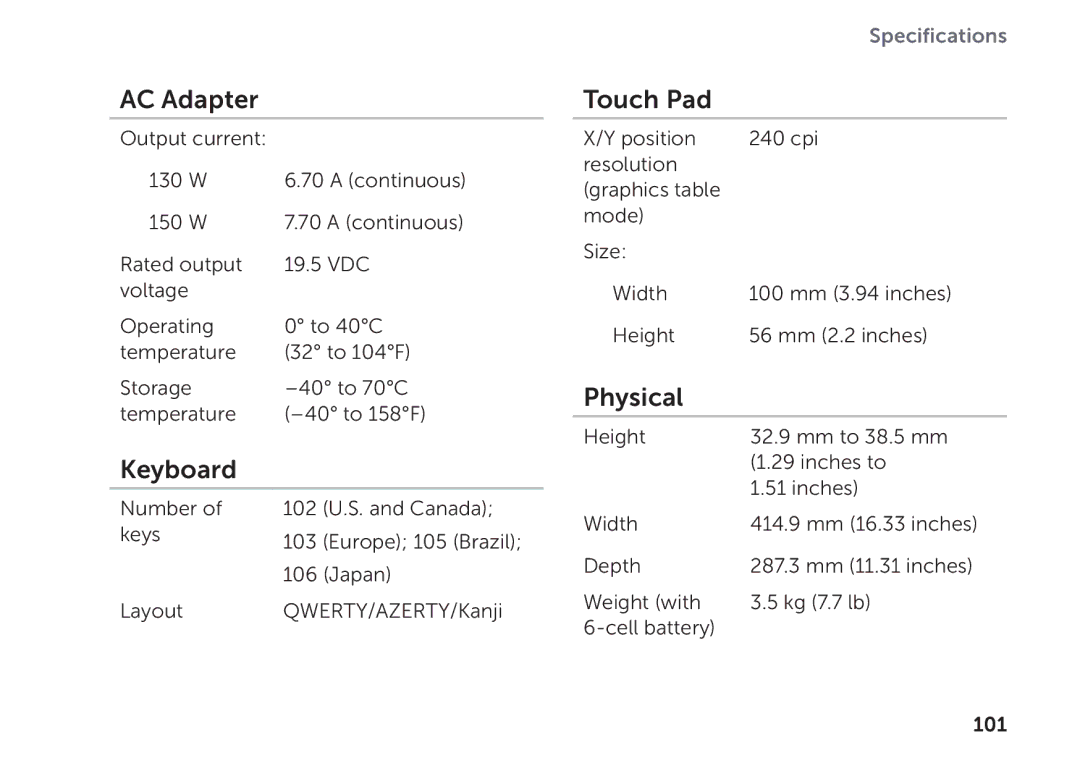 Dell P09E setup guide Keyboard, Touch Pad, Physical 