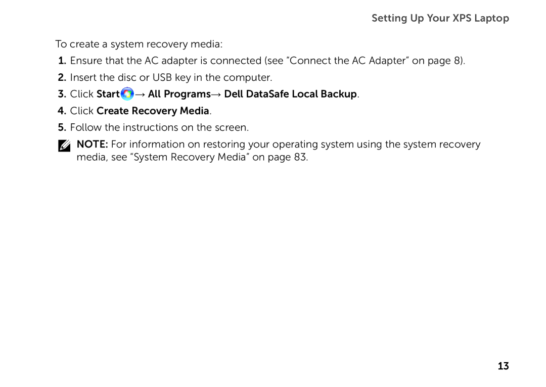 Dell P09E setup guide Setting Up Your XPS Laptop 