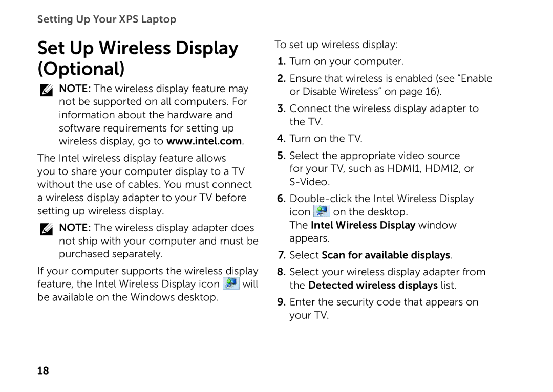 Dell P09E setup guide Set Up Wireless Display Optional 