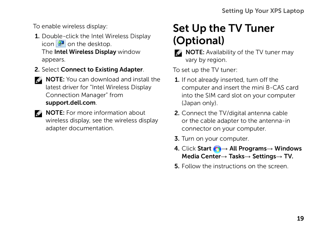 Dell P09E setup guide Set Up the TV Tuner Optional 