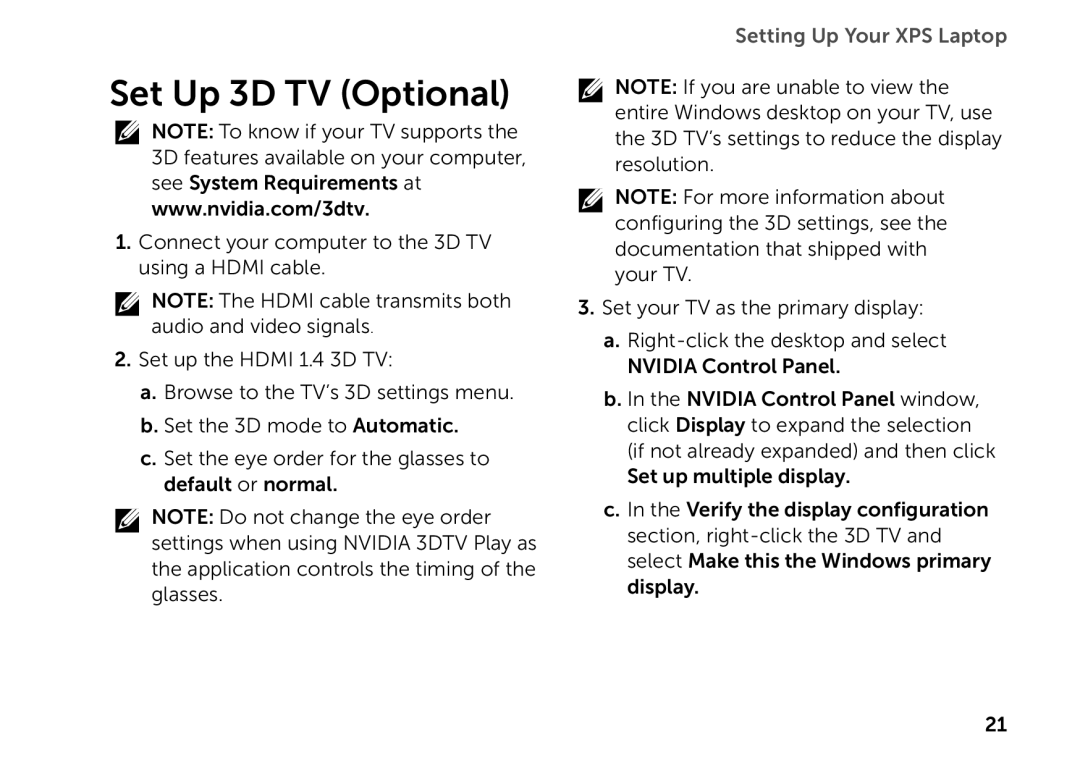 Dell P09E setup guide Set Up 3D TV Optional 