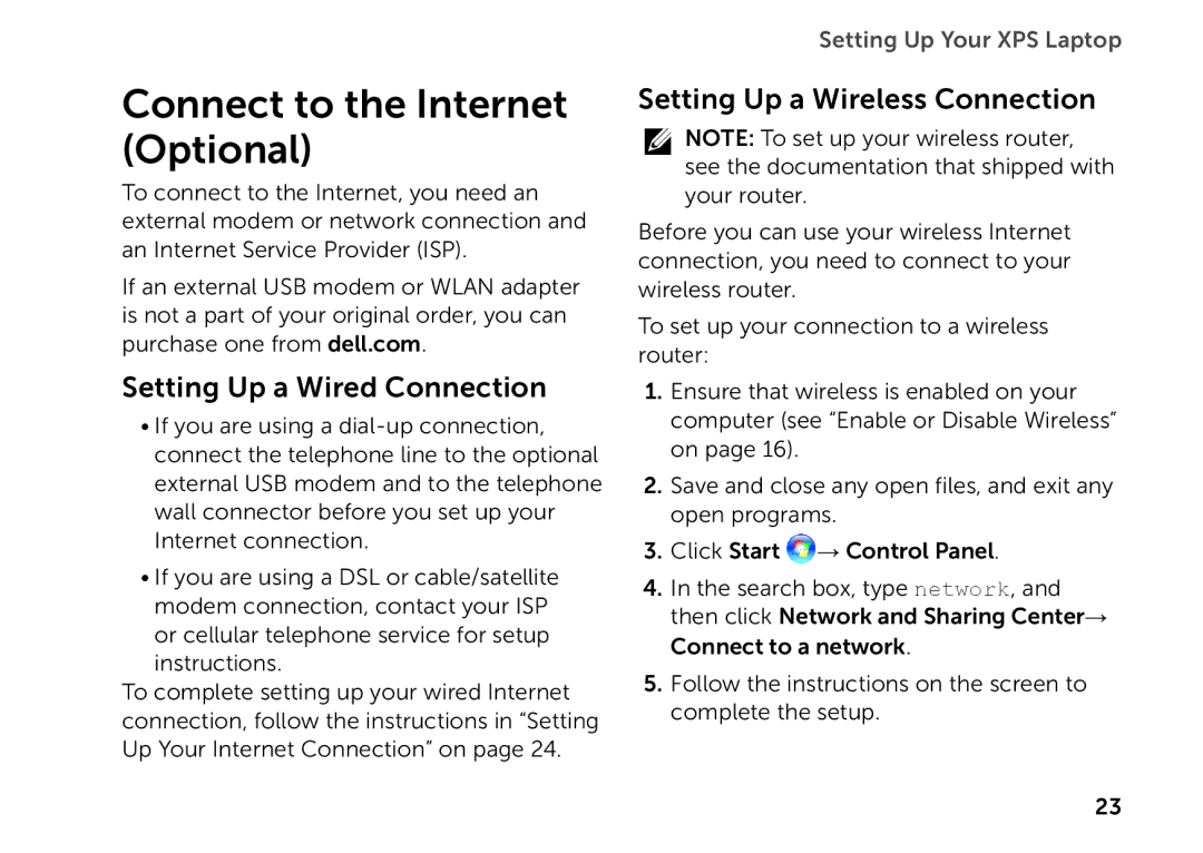 Dell P09E setup guide Connect to the Internet Optional, Setting Up a Wired Connection, Setting Up a Wireless Connection 