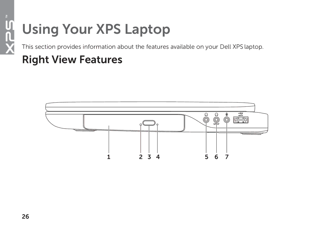 Dell P09E setup guide Using Your XPS Laptop, Right View Features 