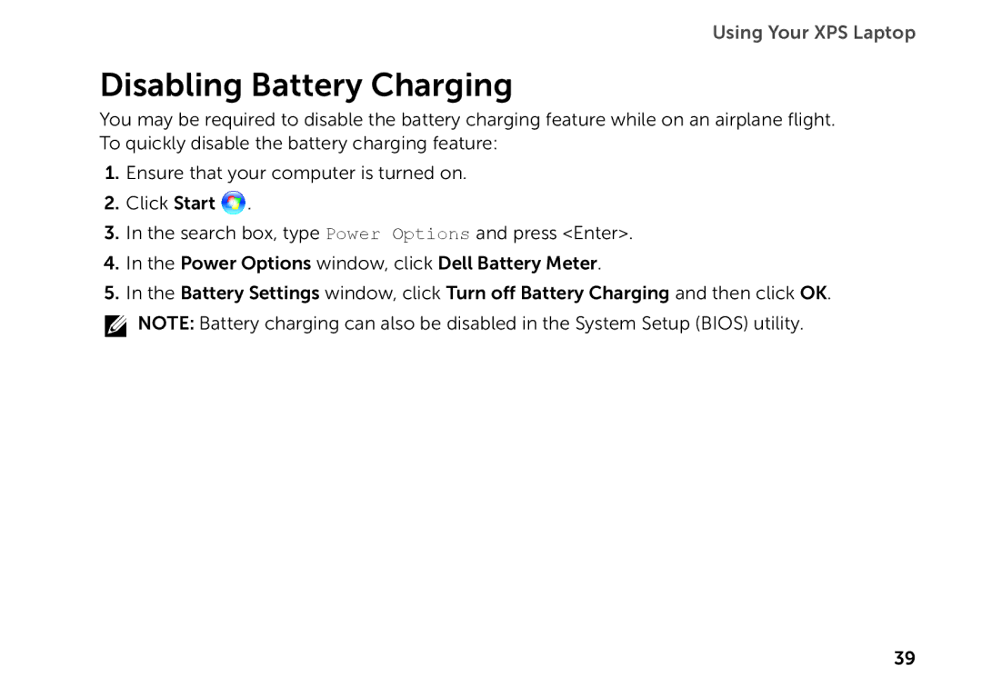 Dell P09E setup guide Disabling Battery Charging 